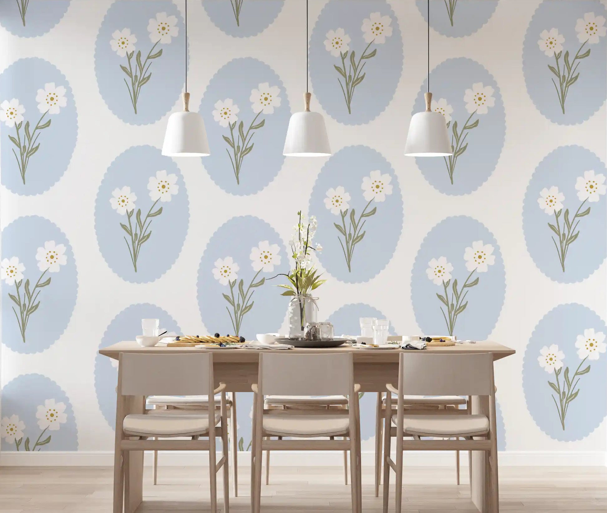 Dining room wall with blue and white scalloped daisy floral wallpaper pattern.