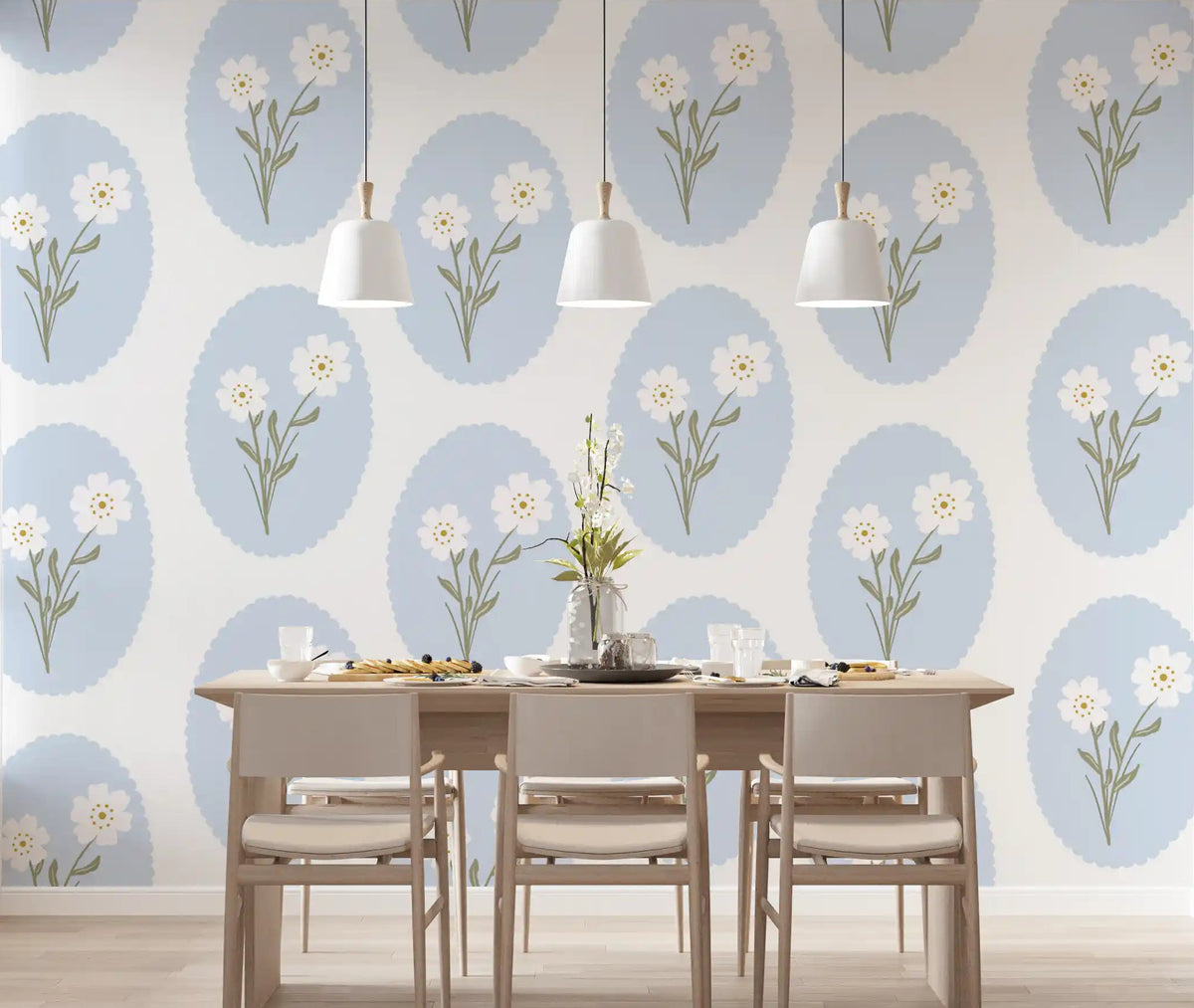 Dining room wall with blue and white scalloped daisy floral wallpaper pattern., GD10081