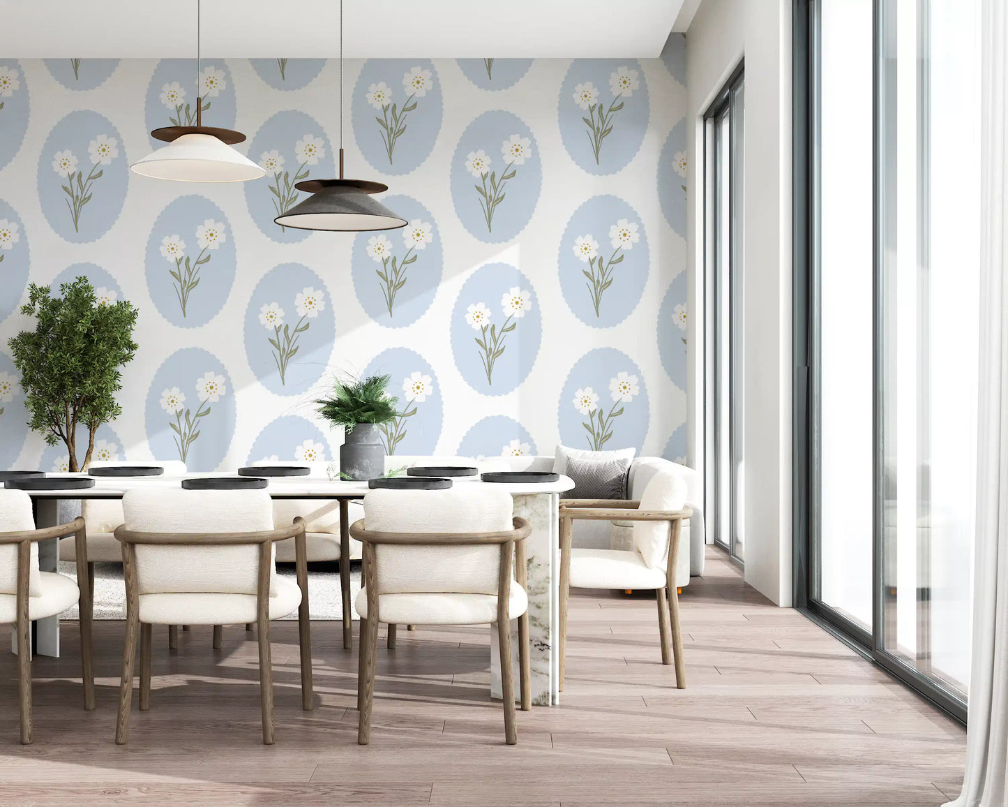 Scalloped floral wallpaper pattern with white daisy blooms and powder blue oval frames.