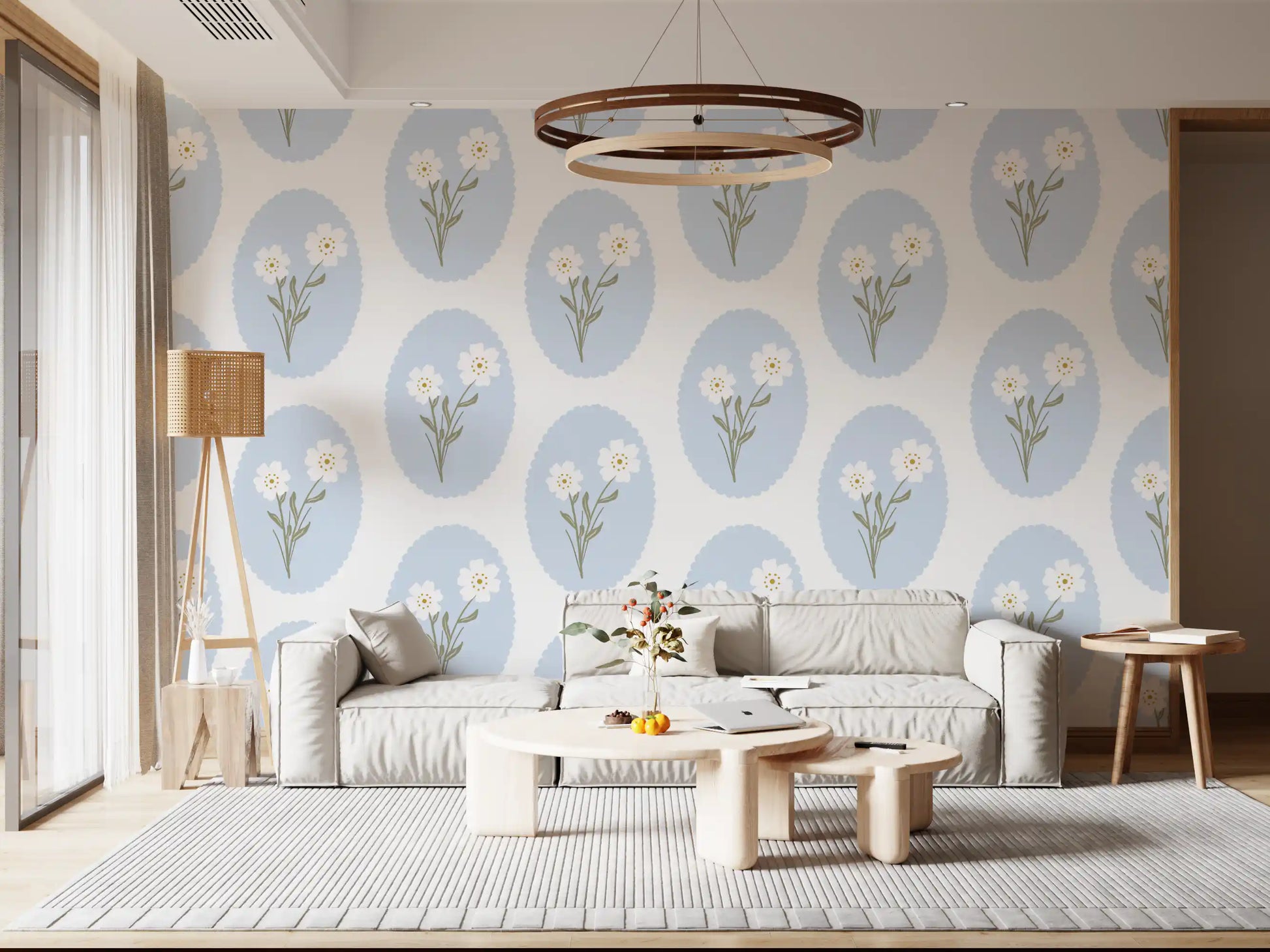 Repeat floral pattern with olive green stems and white daisies on white background wallpaper.