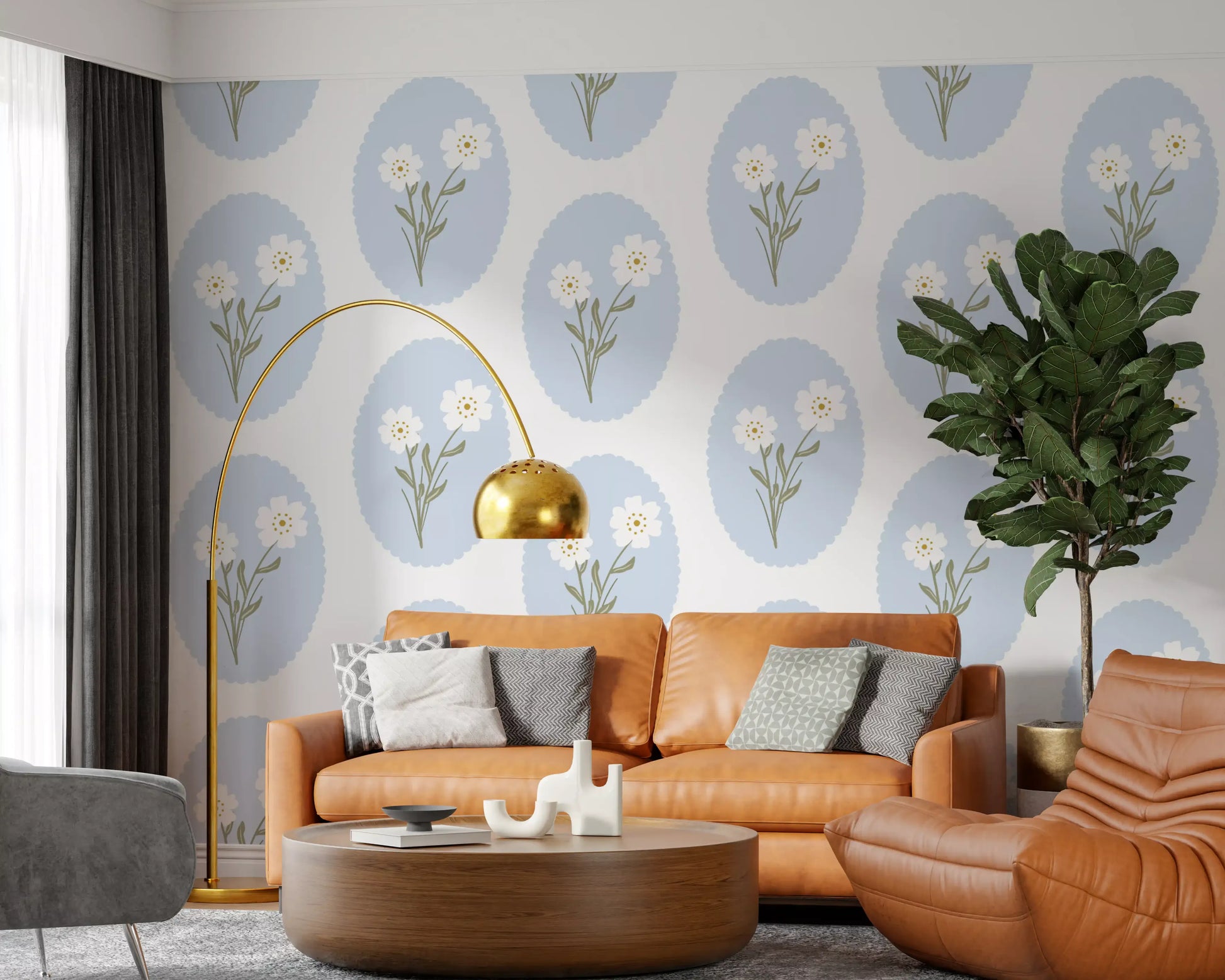 White and blue botanical floral wallpaper with scalloped oval frame repeat pattern.