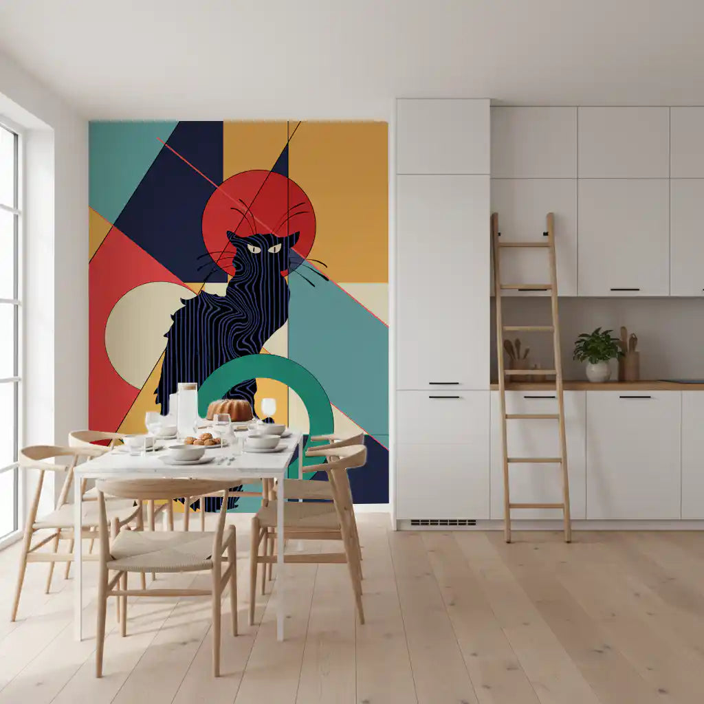  Black cat wall mural with fine line stripe texture on geometric art in teal navy coral and orange.