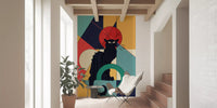 Art deco black cat mural with large red circle and teal ring on geometric colour block pattern.