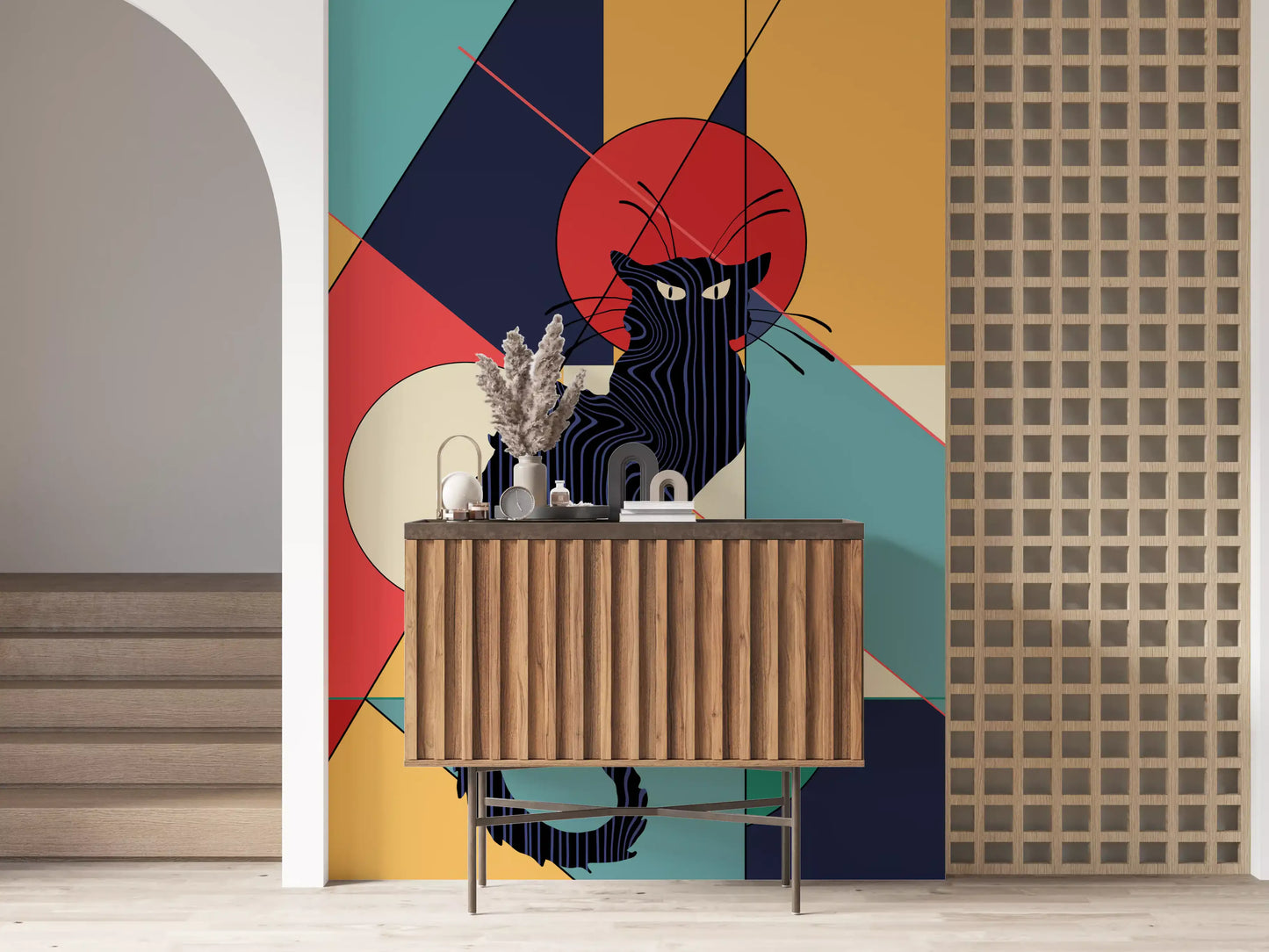 Line detailed black cat on multicolour geometric blocked mural design.