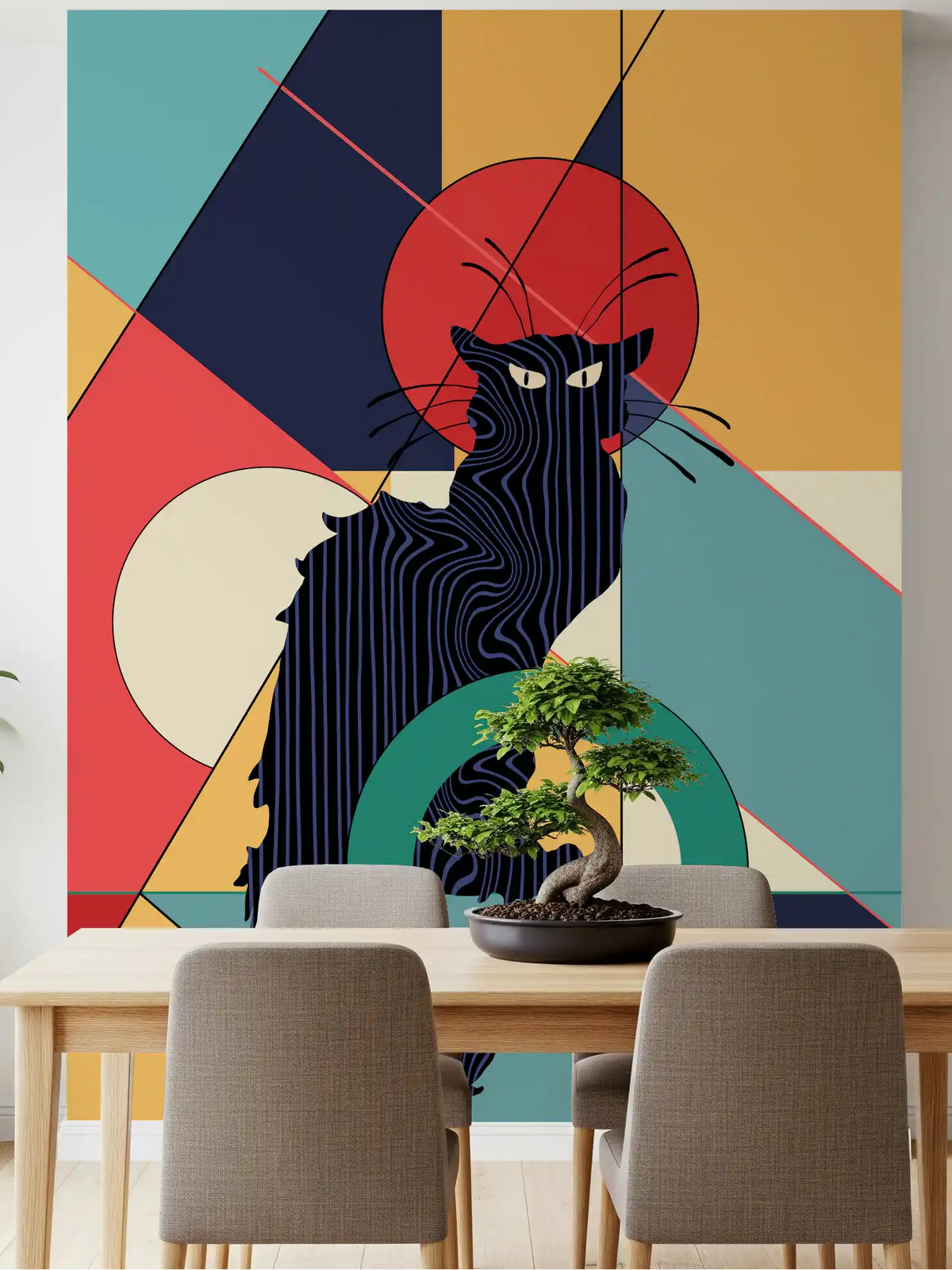 Dining room wall with black cat geometric mural in teal coral and navy tones., GD10082