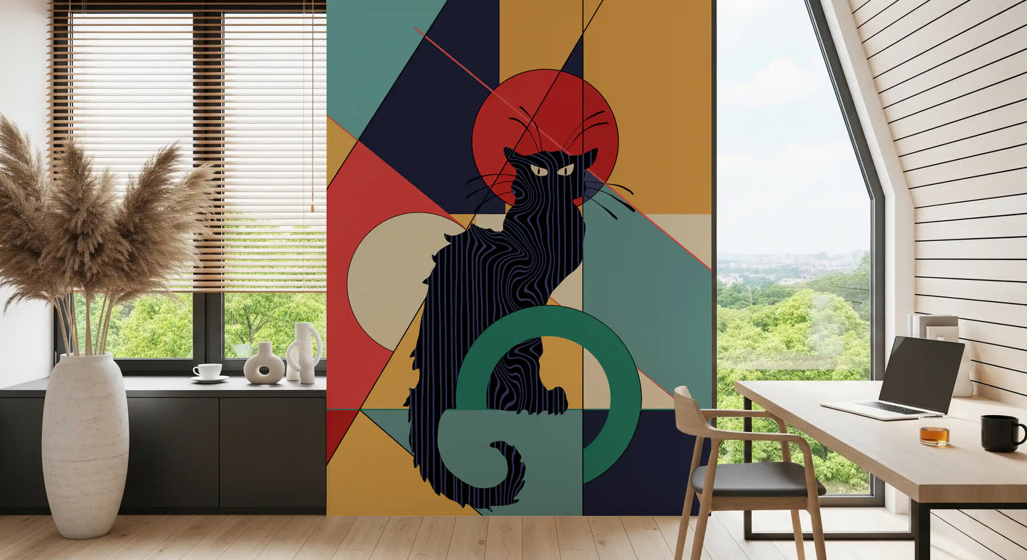 Study room wall decorated with black cat art deco wall mural and red circle backdrop.