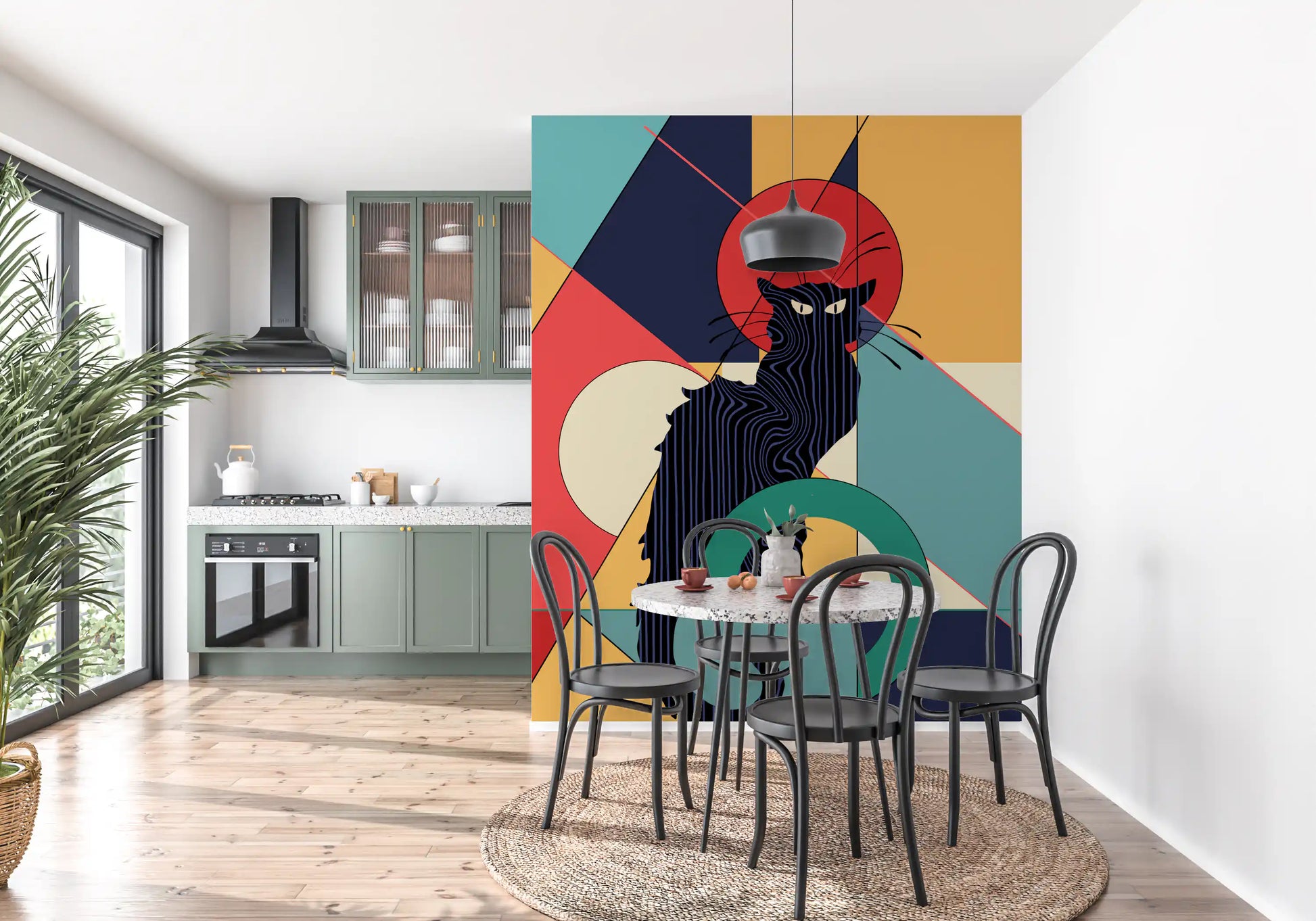 Black cat art deco wall mural with stripe line detailing and flat geometric composition.
