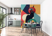 Black cat art deco wall mural with stripe line detailing and flat geometric composition.