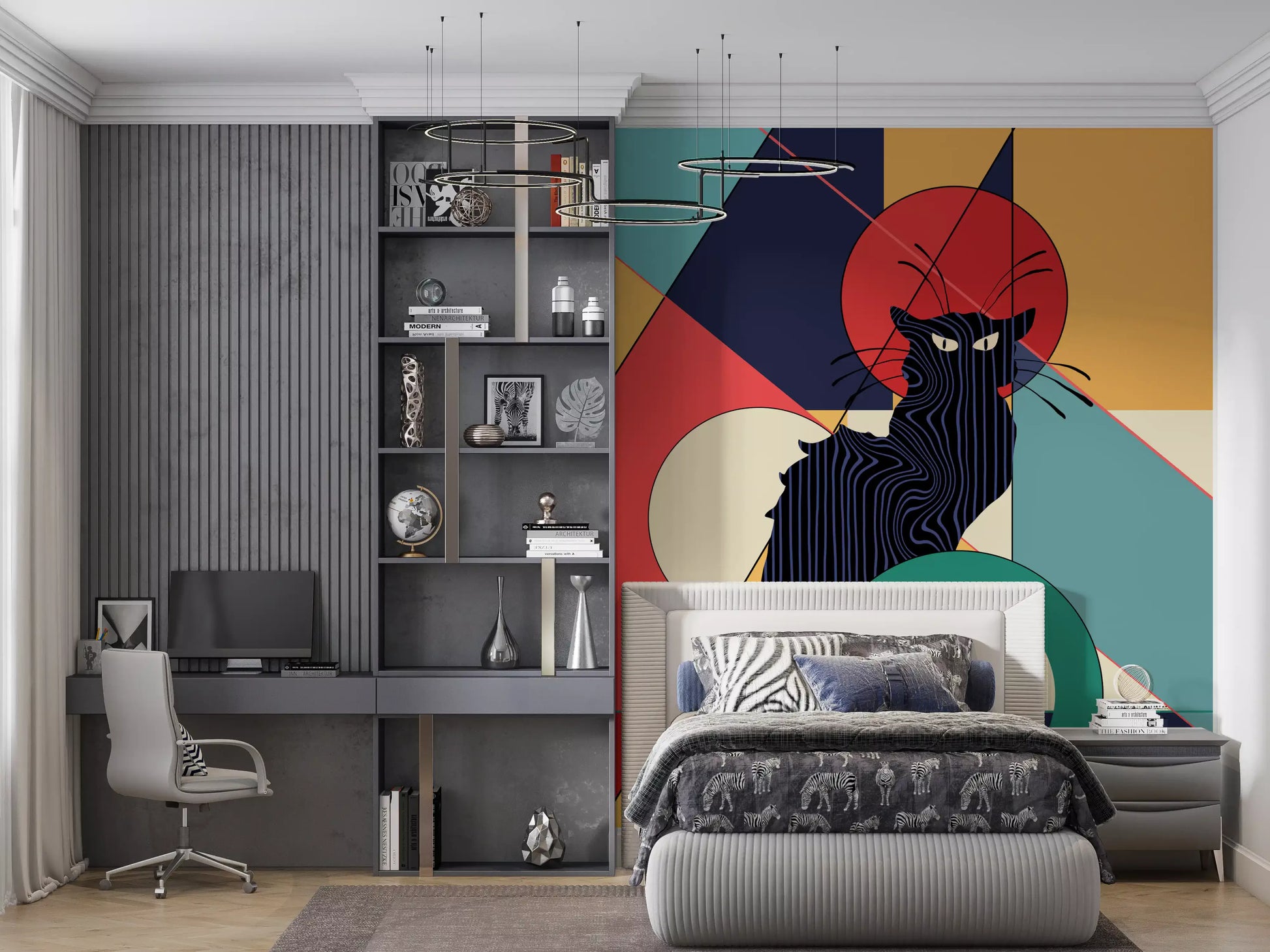  Bedroom wall featuring black cat line art mural on multicolour geometric background.