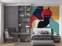  Bedroom wall featuring black cat line art mural on multicolour geometric background.
