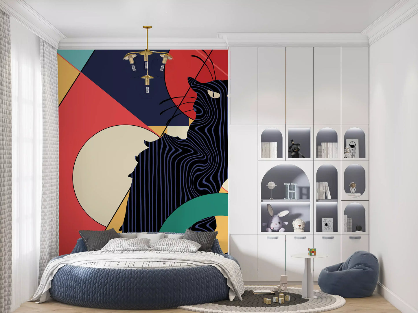  Bedroom wall with bold black cat art deco mural and geometric colour block design. 