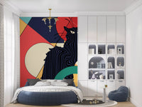  Bedroom wall with bold black cat art deco mural and geometric colour block design. 