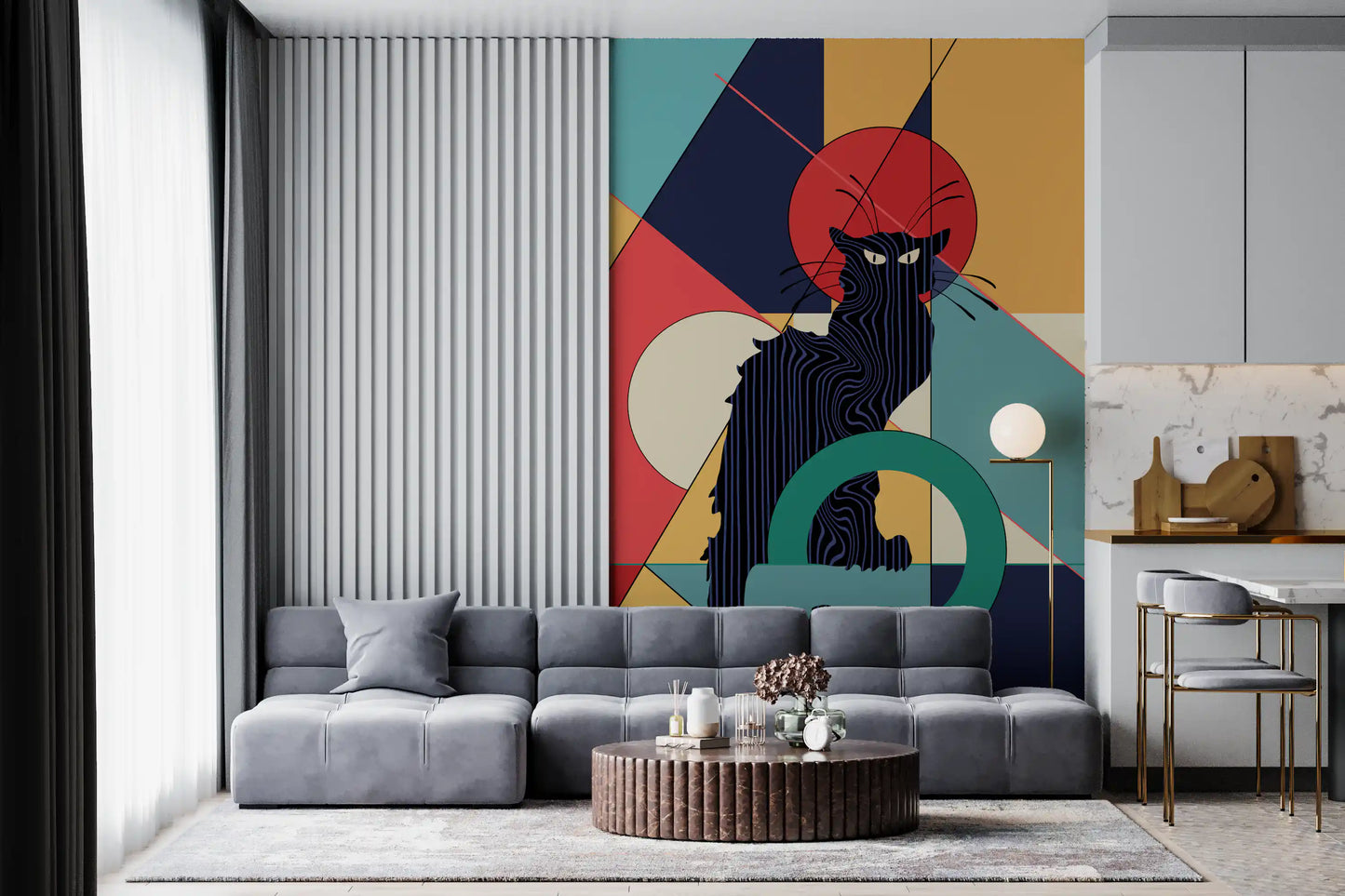 Living room wall with black cat geometric art deco mural in teal navy and orange.