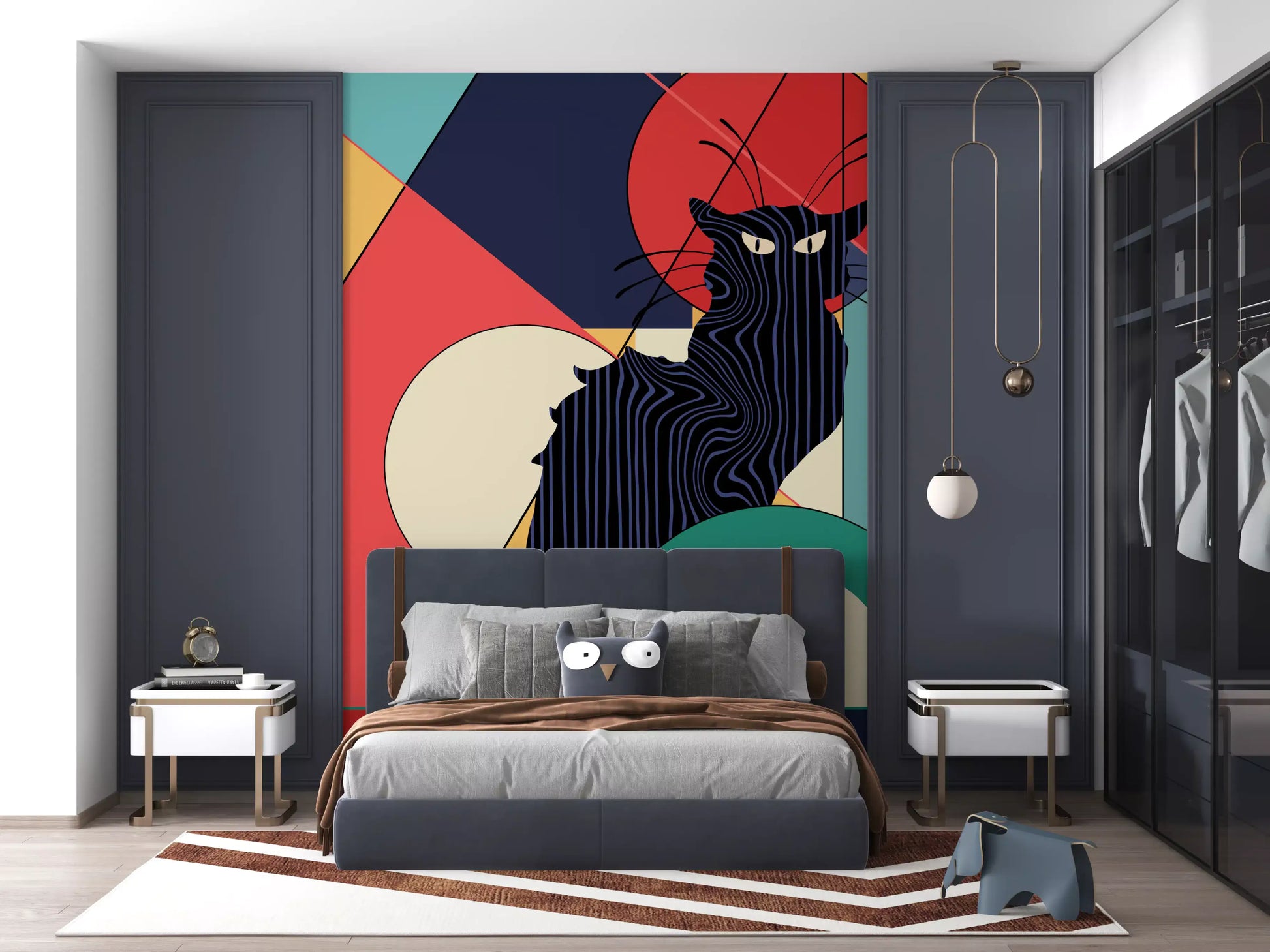Bold geometric cat wall mural in deep navy and black with teal coral and orange background blocks.