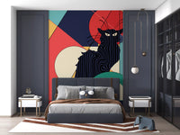 Bold geometric cat wall mural in deep navy and black with teal coral and orange background blocks.