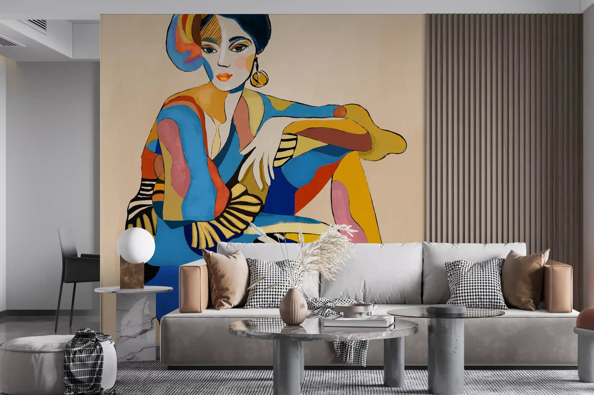 Living room wall featuring The Cabaret Dancer multicolour cubist art mural.