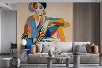 Living room wall featuring The Cabaret Dancer multicolour cubist art mural.