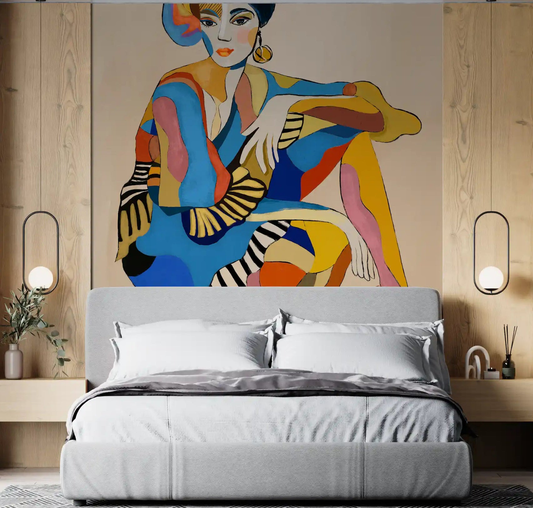 Bedroom accent wall with bold figurative wall mural of seated dancer in vibrant colours., GD10083