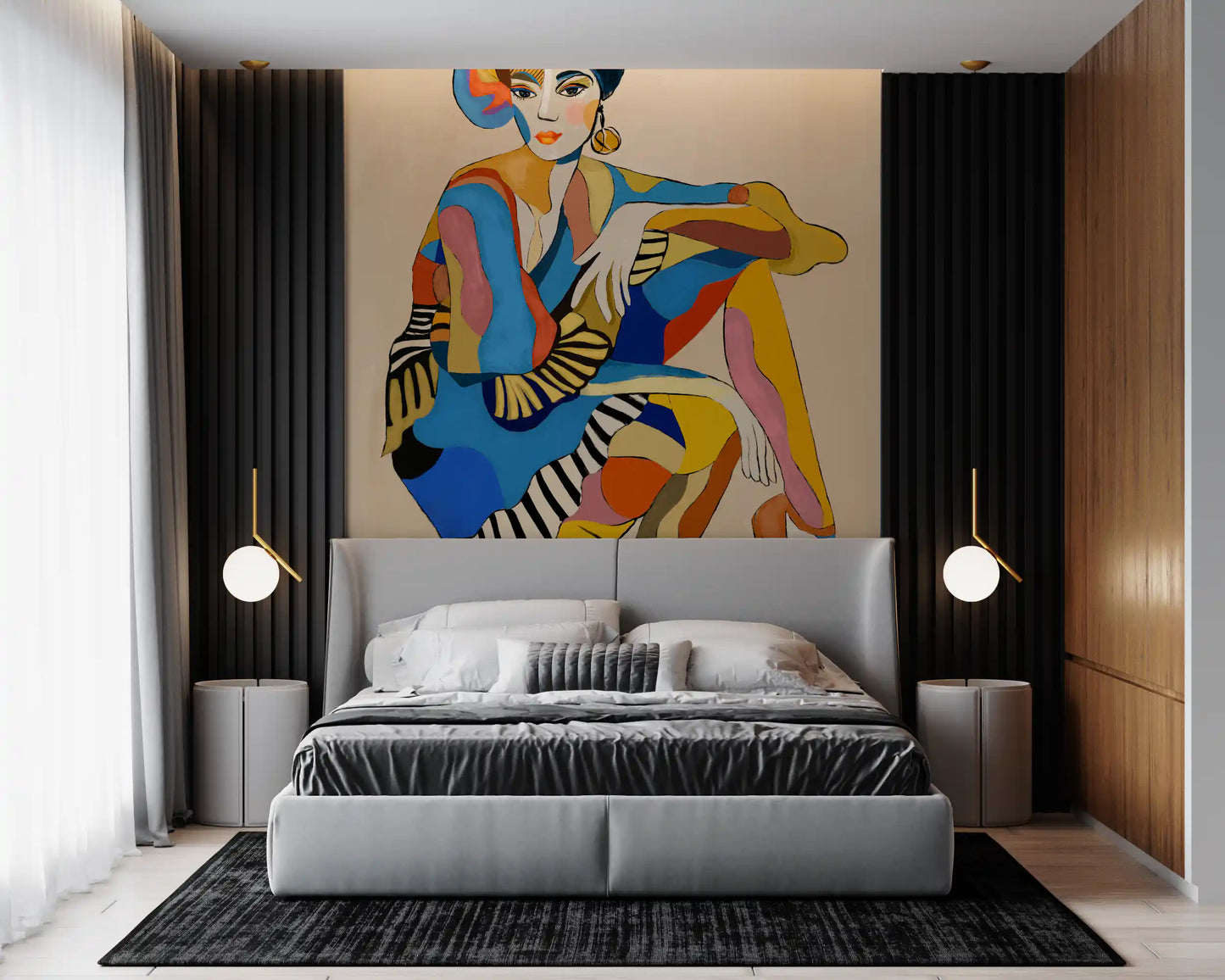 The Cabaret Dancer wall mural with vivid multicolour palette and Art Deco cubist influence. 