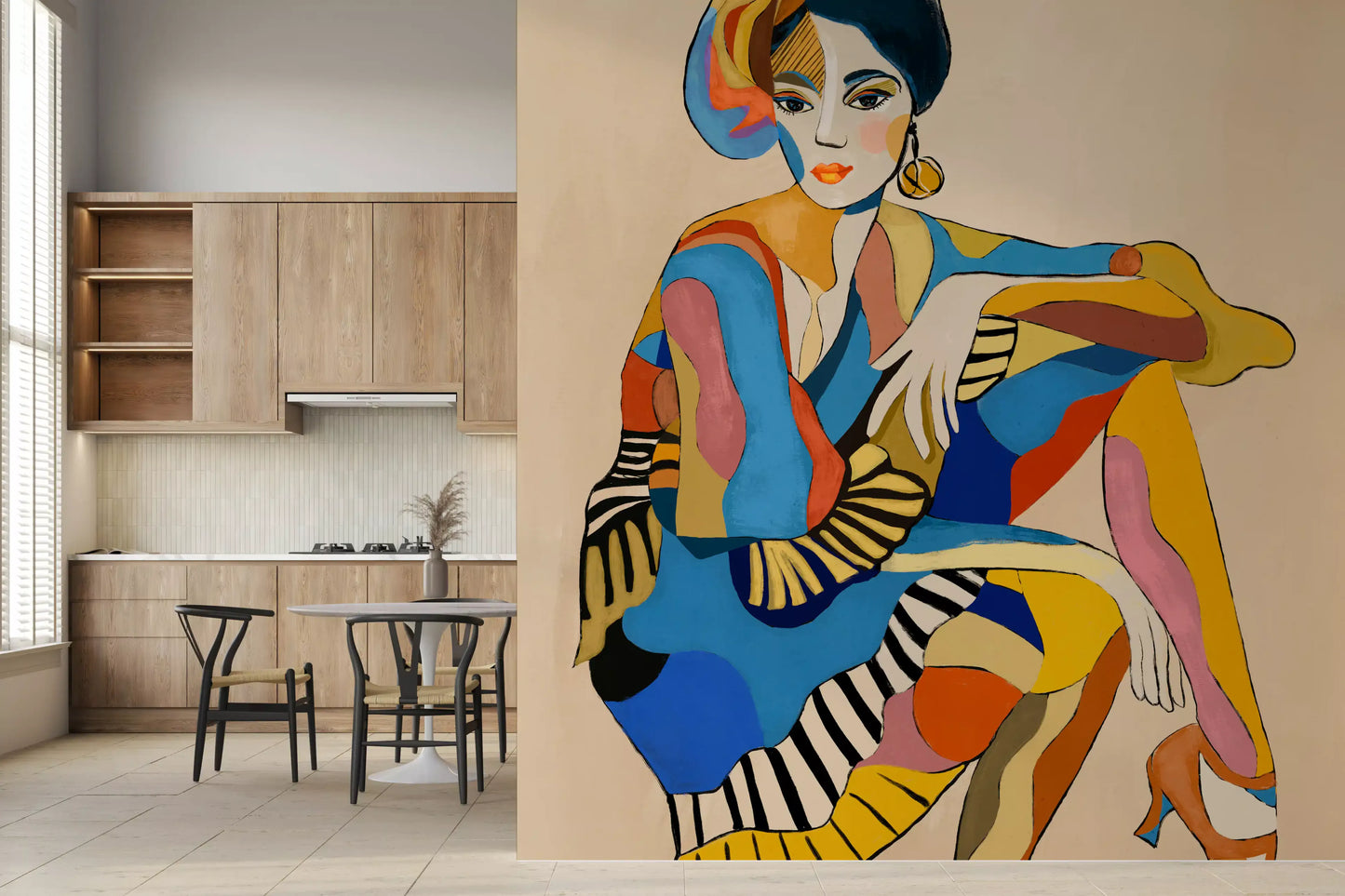 Cabaret Dancer wall mural showing seated figure in blue, yellow, orange, and pink geometric colour blocks.