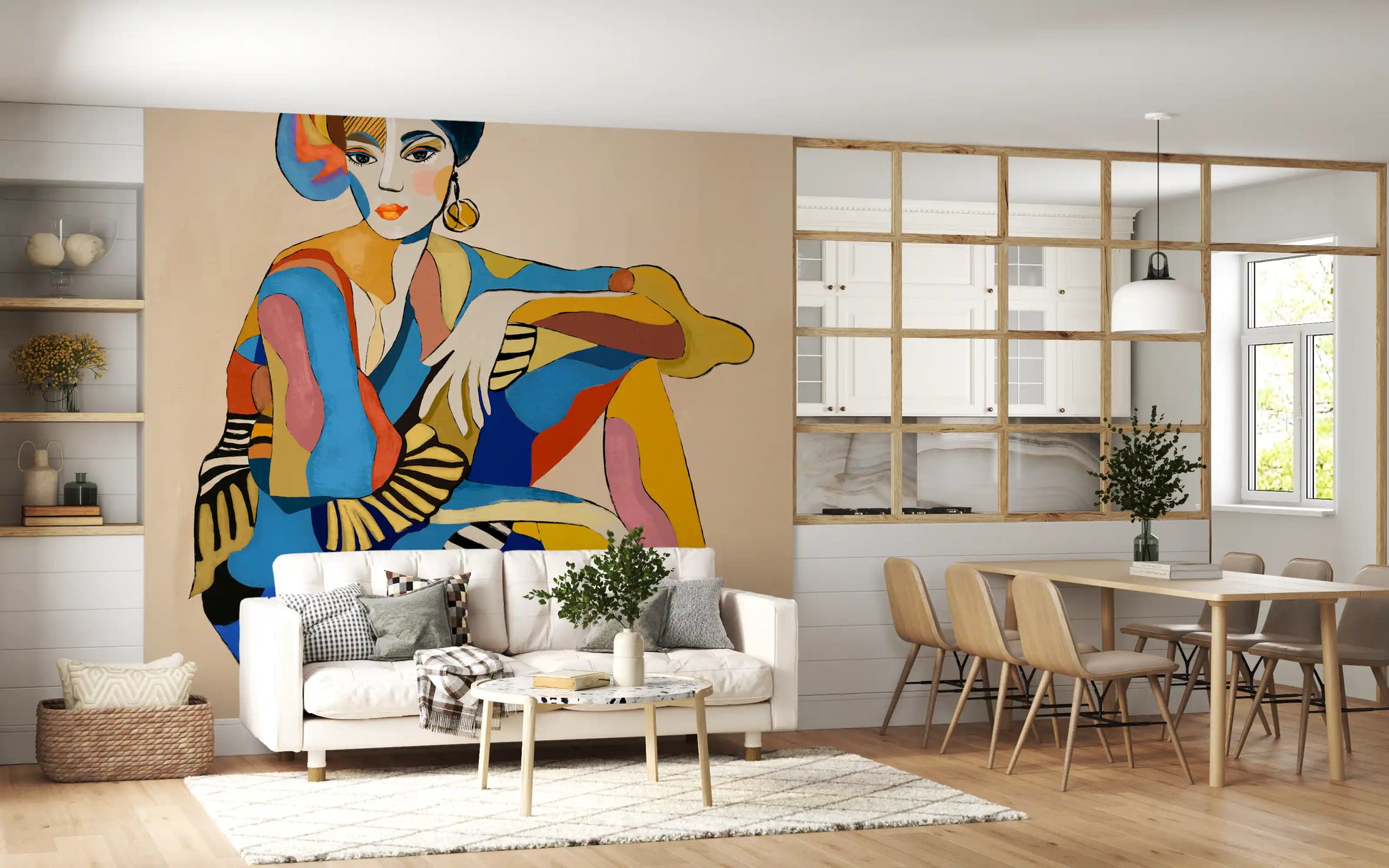 Art Deco inspired dancer mural featuring feathered hat, gold earrings, and bold colour patches.
