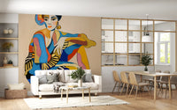 Art Deco inspired dancer mural featuring feathered hat, gold earrings, and bold colour patches.