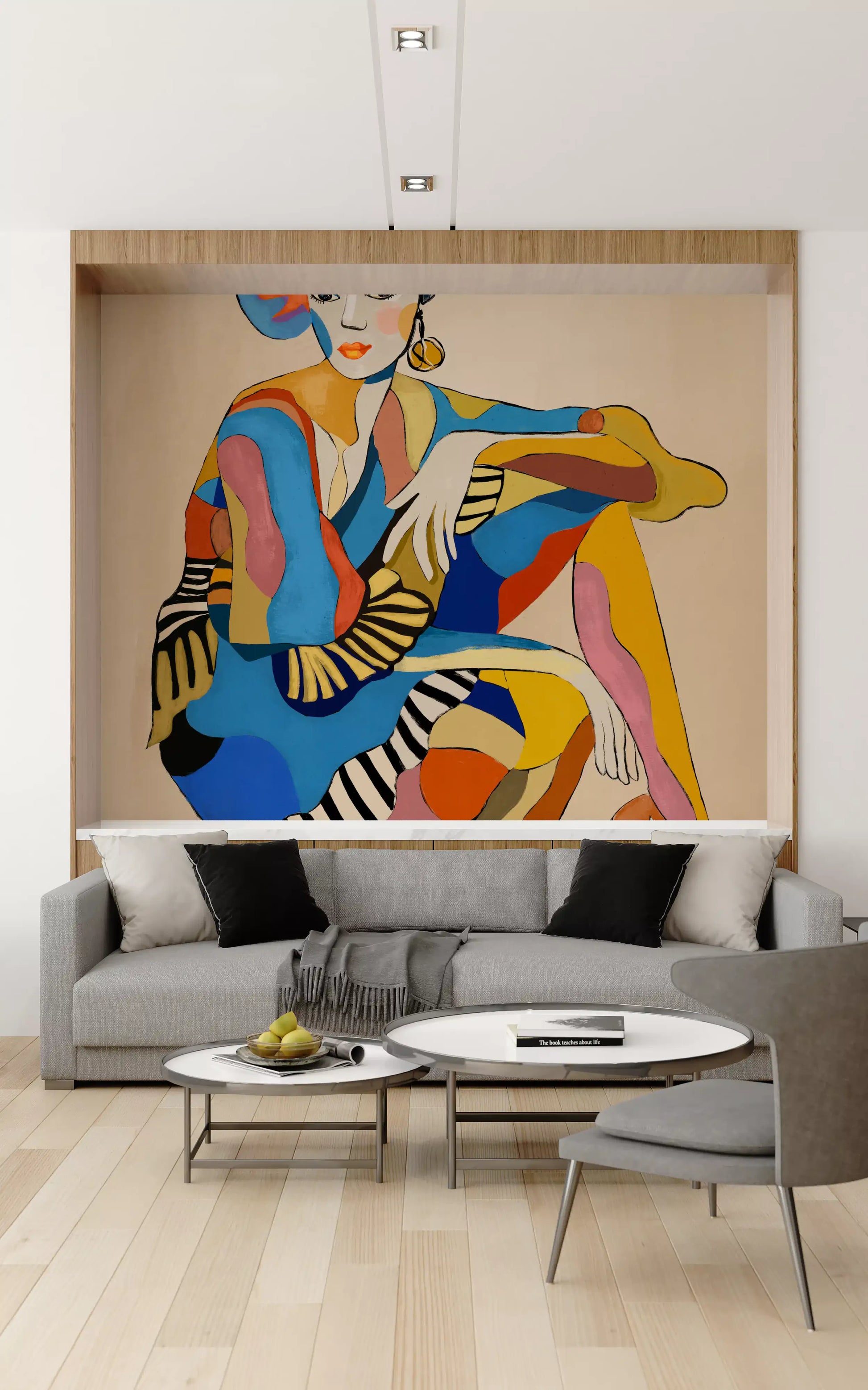 Illustrated dancer mural with layered colour blocks and soft beige background for living room.