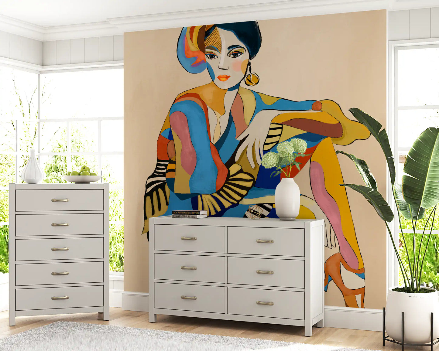 Abstract figurative wall mural with cubist-style dancer in multicolour palette on beige background.