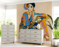 Abstract figurative wall mural with cubist-style dancer in multicolour palette on beige background.