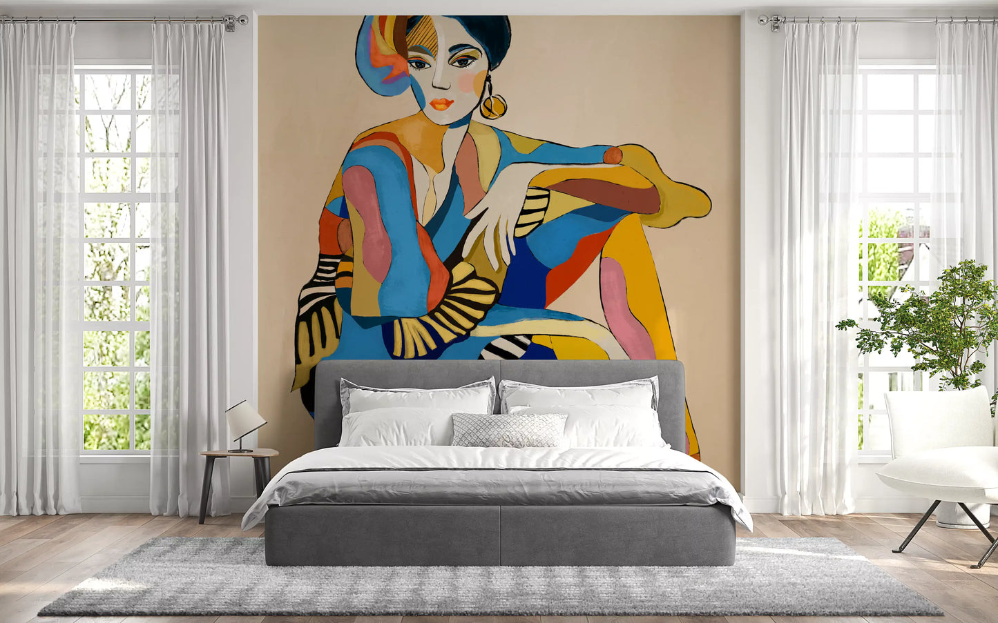 Geometric figure wall mural with deep blue, burnt orange, coral pink and golden tones.