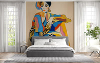 Geometric figure wall mural with deep blue, burnt orange, coral pink and golden tones.