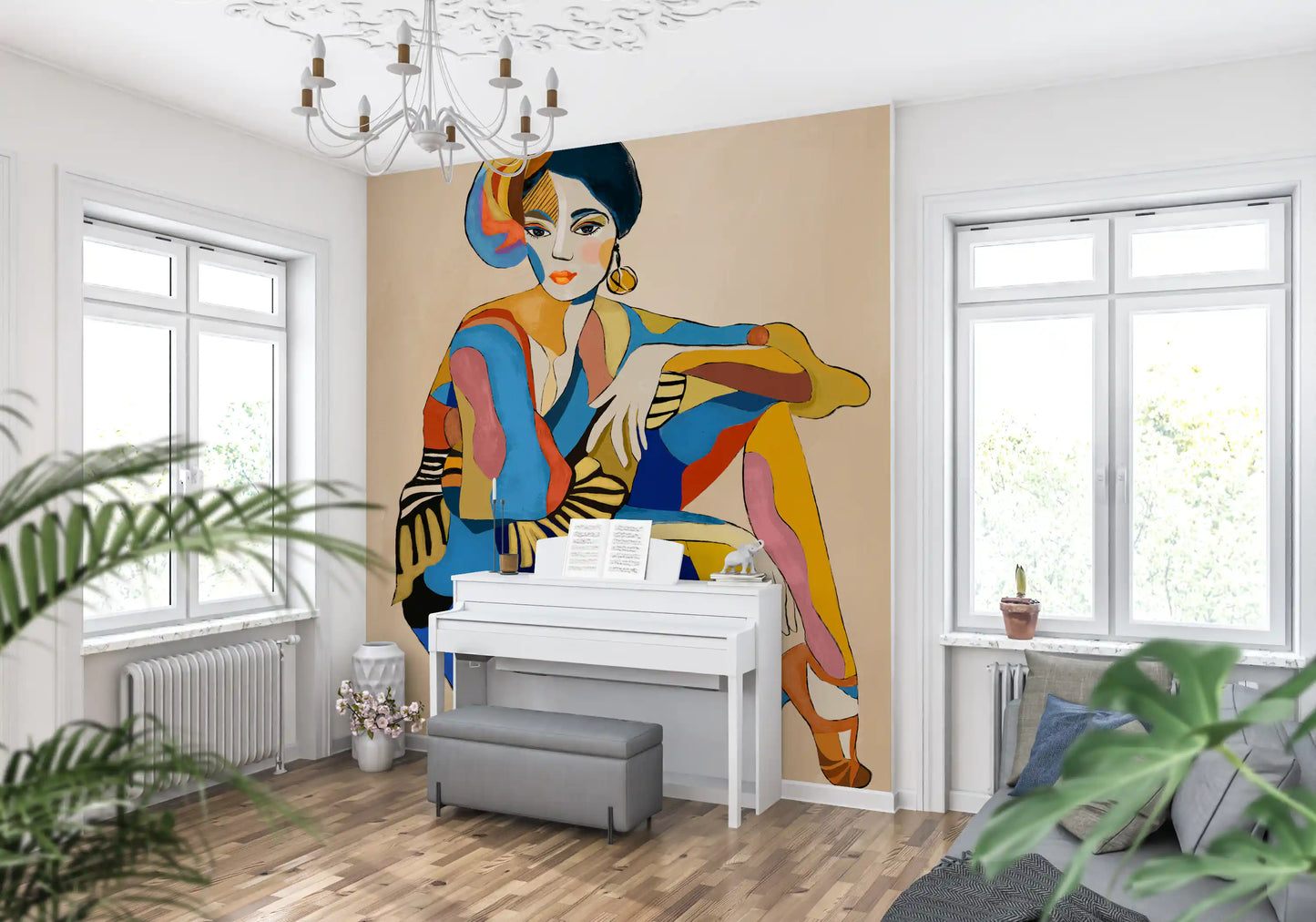 Figurative wall mural of seated woman in Art Deco cubist style with vivid multicolour design.