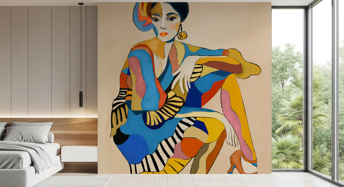 Multicolour cubist woman wall mural with black and white striped clothing in bedroom.