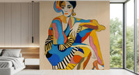 Multicolour cubist woman wall mural with black and white striped clothing in bedroom.