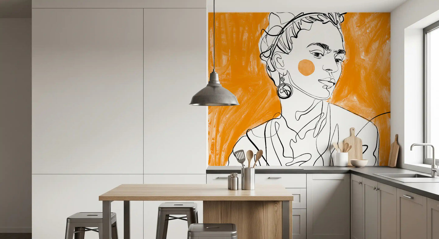 Bold tangerine and black line art portrait on large-scale mural in kitchen.