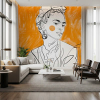 Minimalist woman portrait mural with tangerine hues and continuous black linework.