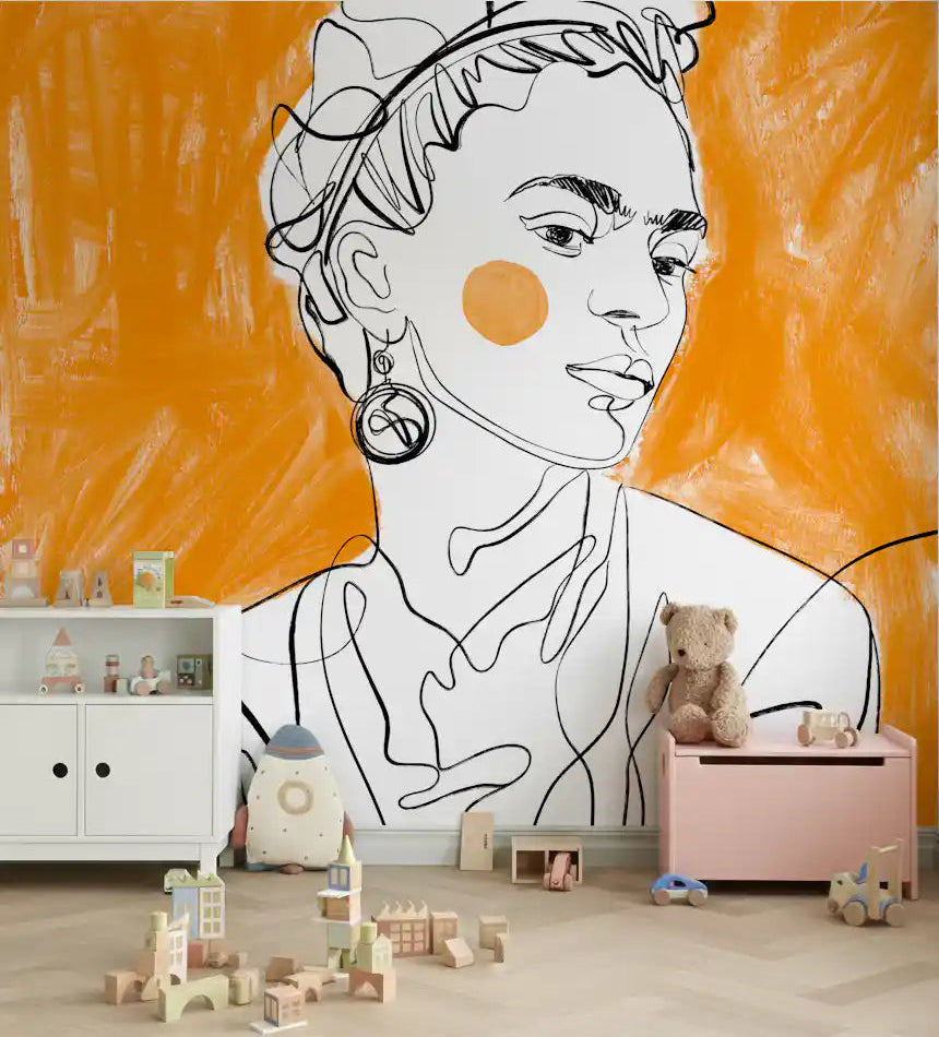 Tangerine Muse Wall Mural with bold line art portrait and orange brushstroke background in kids room.