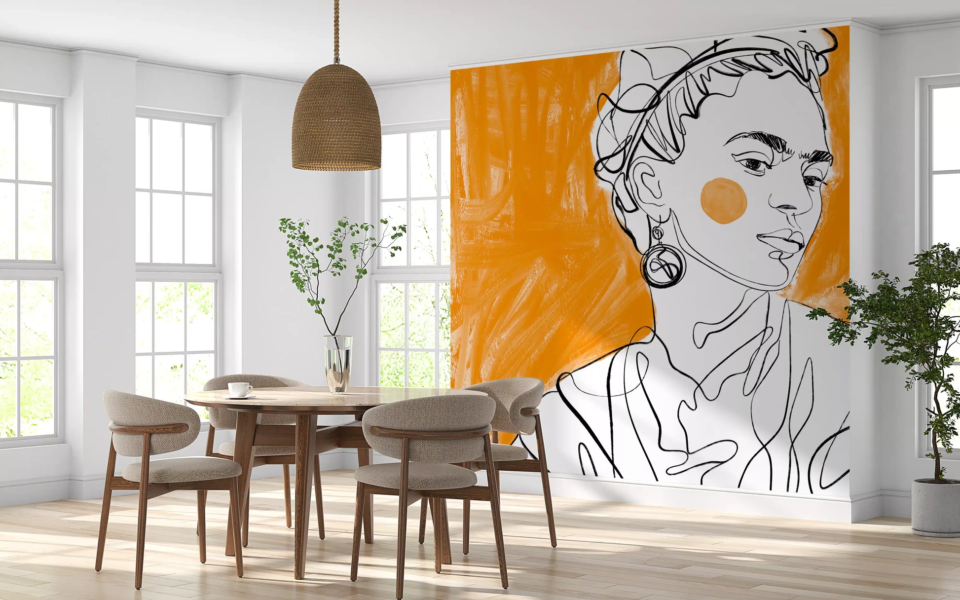 Line art illustration mural showing woman with updo and large hoop earring.