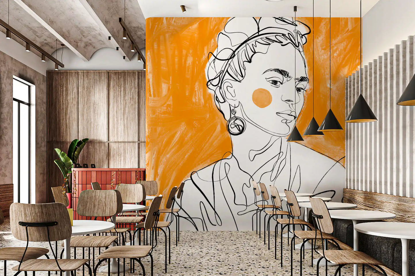 Line art portrait wall mural on a feature wall in a cafe interior.
