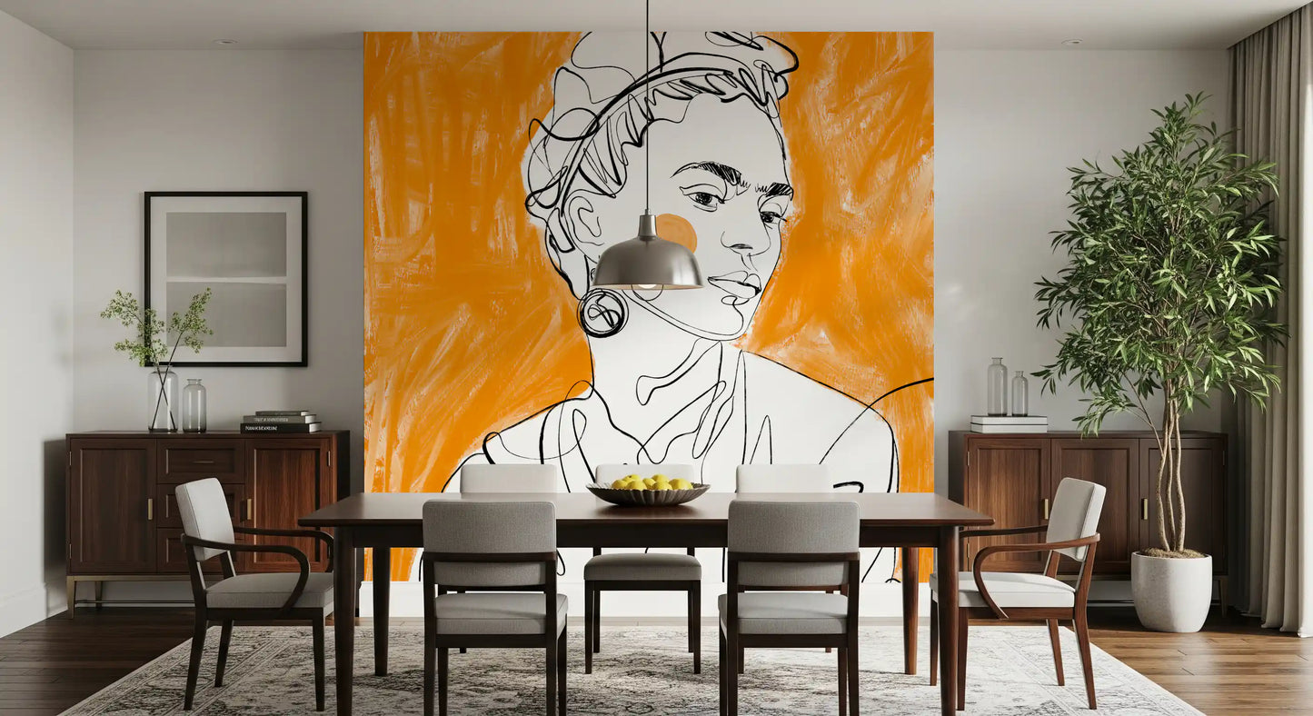 Continuous black outline woman portrait mural on tangerine painted background in dining area.