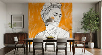 Continuous black outline woman portrait mural on tangerine painted background in dining area.