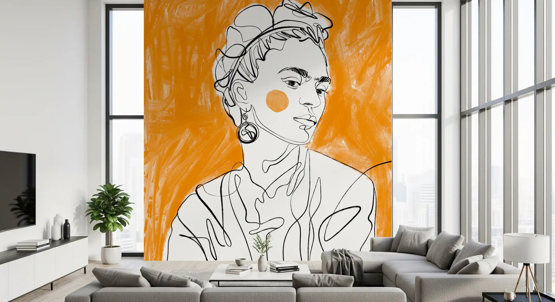 Contemporary line drawing mural with warm orange background and fluid black outline.