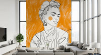 Contemporary line drawing mural with warm orange background and fluid black outline.