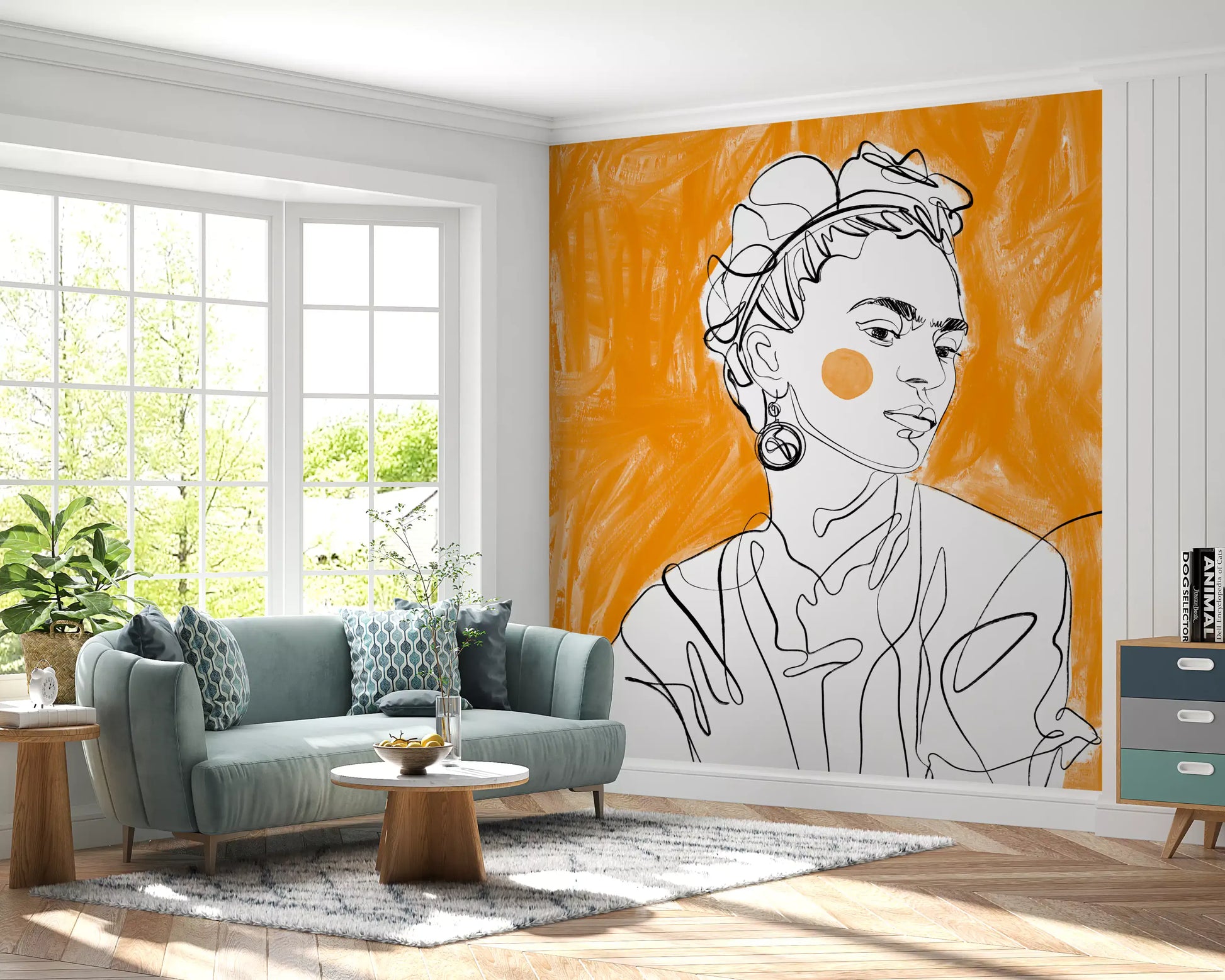 Tangerine Muse art mural used as a living room statement wall.