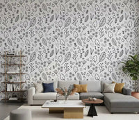 Living room accent wall with black and white botanical repeat wallpaper., GD10088