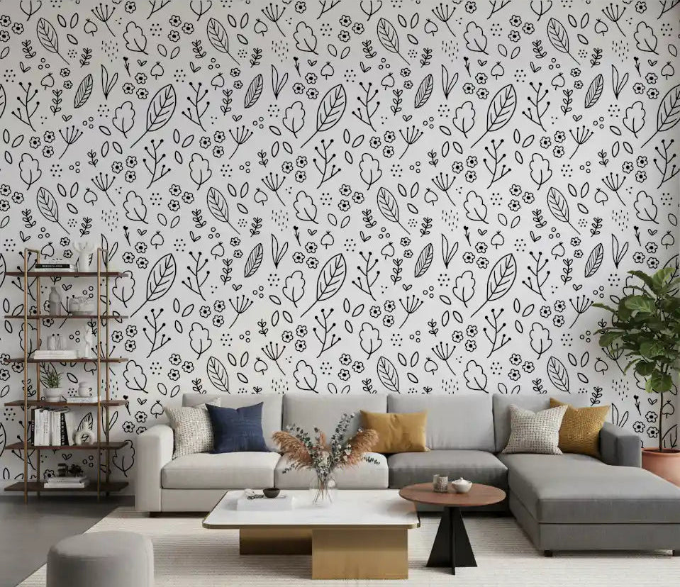 Living room accent wall with black and white botanical repeat wallpaper., GD10088