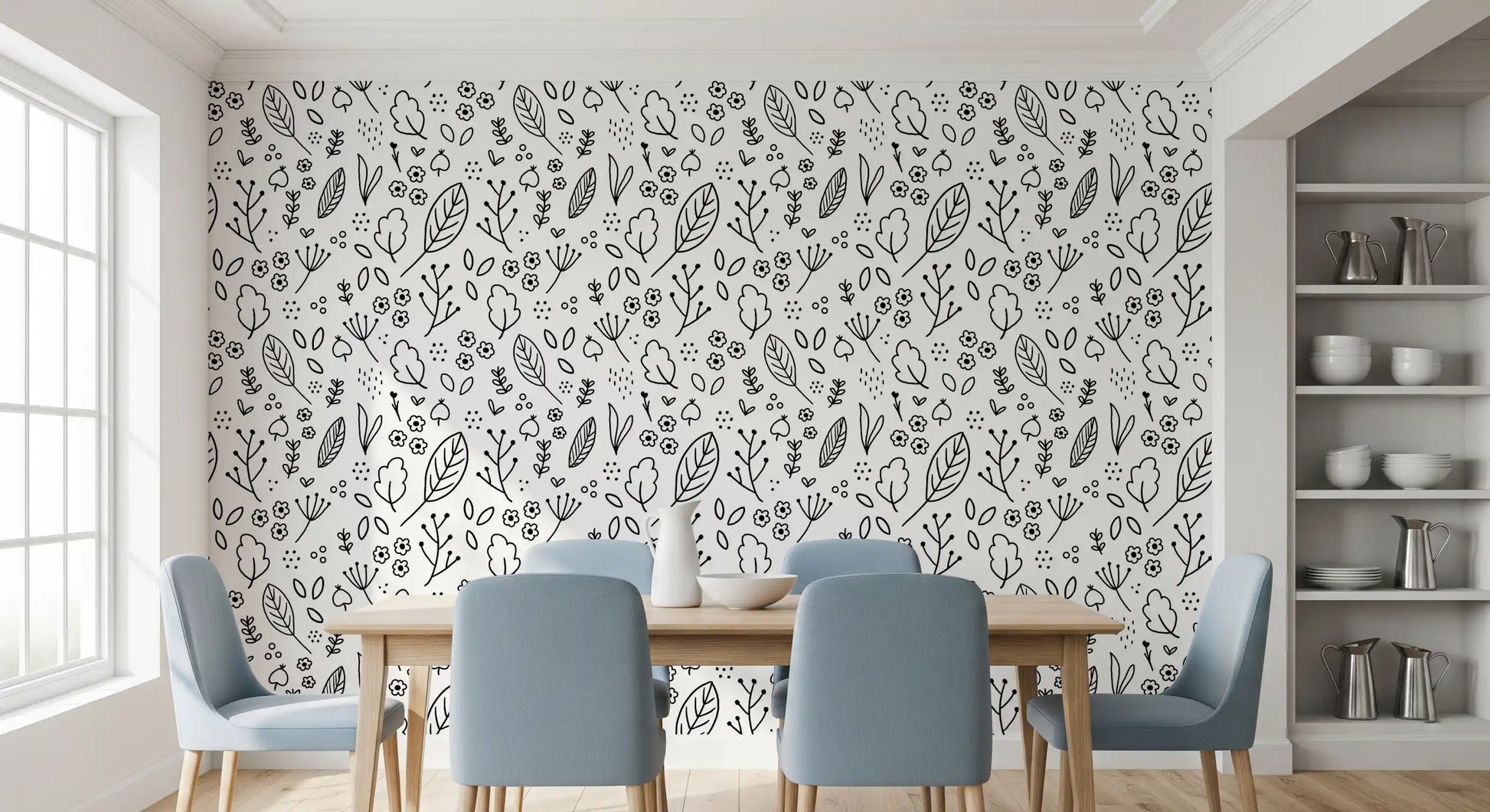 Black and white doodle leaves and flowers seamless repeat pattern wallpaper., GD10088