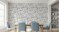 Black and white doodle leaves and flowers seamless repeat pattern wallpaper., GD10088
