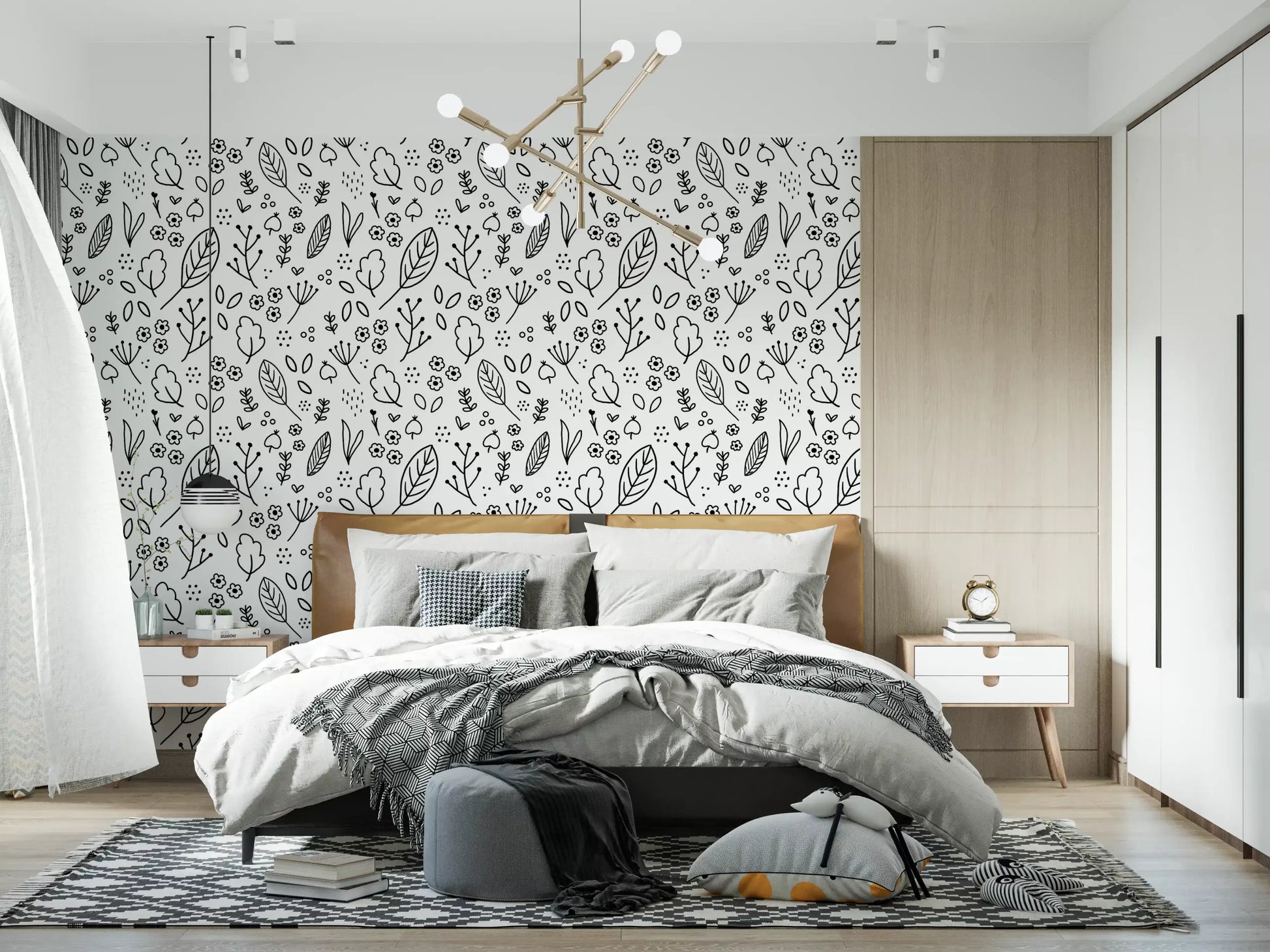 Monochrome leaf and flower doodle wallpaper for bedroom feature wall., GD10088