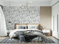Monochrome leaf and flower doodle wallpaper for bedroom feature wall., GD10088
